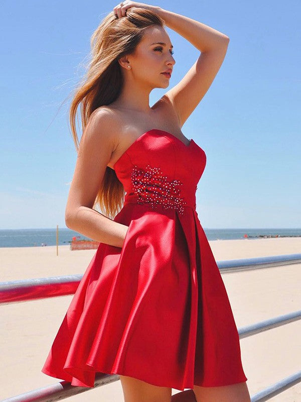 Sweetheart Strapless Red Pleated Satin Aylin A Line Homecoming Dresses Backless Short