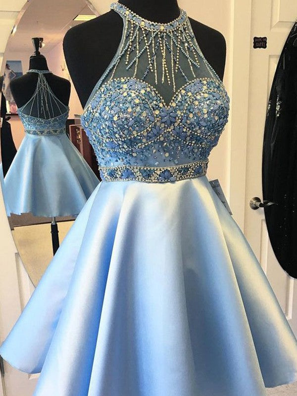 Blue Beading Rhinestone Sleeveless A Line Satin Homecoming Dresses Francesca Halter Sheer Back