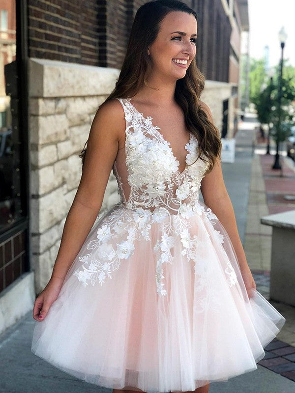 Deep V Neck Sleeveless Pleated Tulle Homecoming Dresses A Line Mariyah Appliques Flowers