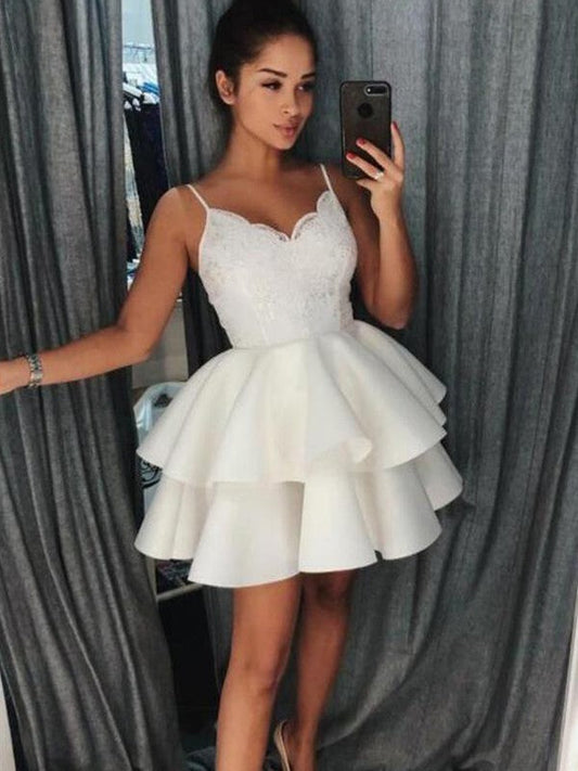 Spaghetti Straps Satin Ivory Lace Homecoming Dresses Elsa V Neck Ball Gown Tiered Pleated