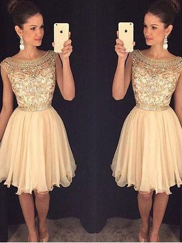 Homecoming Dresses Lana A Line Chiffon Scoop Cap Sleeve Champagne Beading Knee Length Pleated