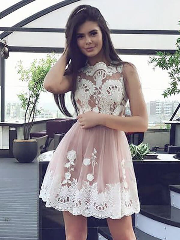 Sleeveless Jewel Dusty Rose Valerie Homecoming Dresses Lace A Line Appliques Pleated Short