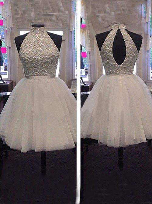 Tulle Sleeveless Halter Backless A Line Homecoming Dresses Lorna Cut Out Pleated White Beading