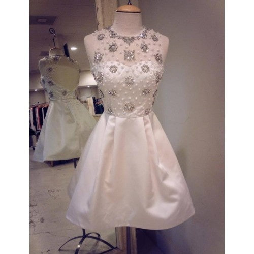 Homecoming Dresses Rubi Ivory A Line Jewel Sleeveless Taffeta Pleated Beading Backless Sheer