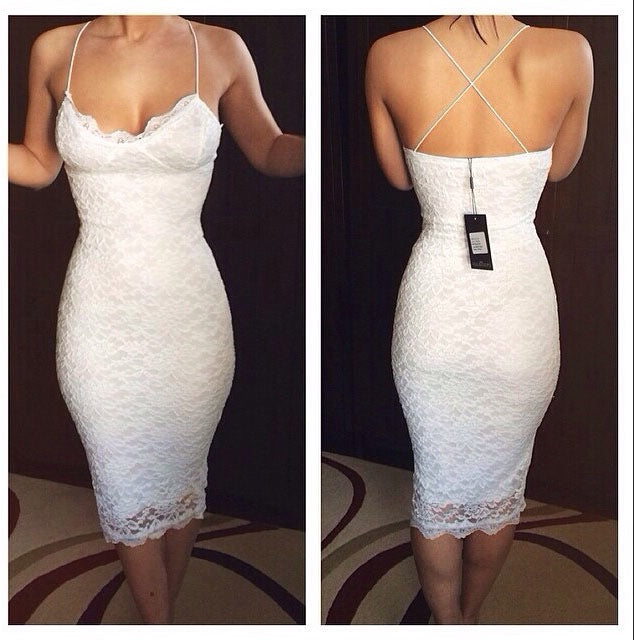 Spaghetti Straps Lace Homecoming Dresses Helga White V Neck Criss Cross Backless Flowers Sheath