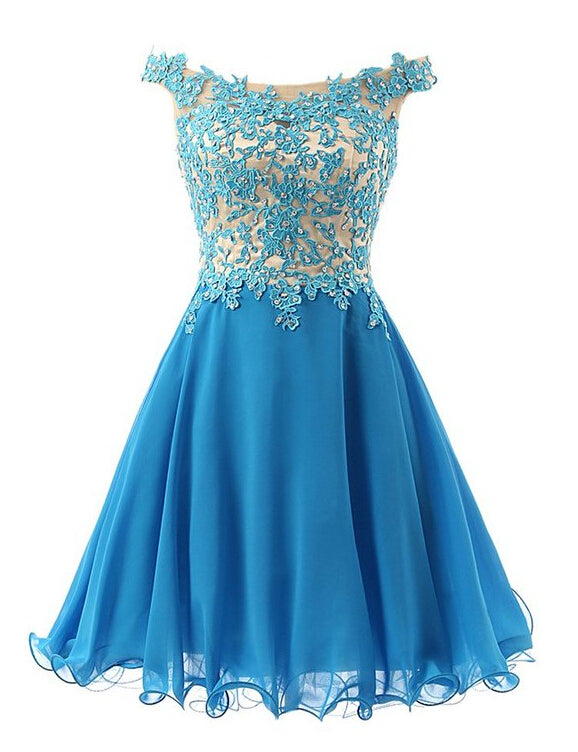 Off The Shoulder Alana Homecoming Dresses Chiffon A Line Blue Pleated Appliques Flowers