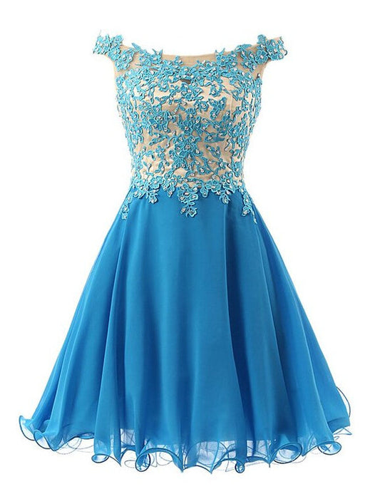 Off The Shoulder Alana Homecoming Dresses Chiffon A Line Blue Pleated Appliques Flowers