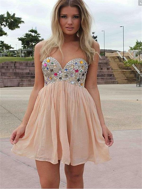 Strapless Sweetheart Pleated Homecoming Dresses Chiffon Ivory Jennifer A Line Rhinestone Sparkle Short