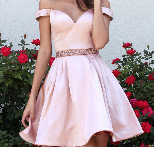 Off The Shoulder Pleated Beading Satin Pink Homecoming Dresses Aiyana A Line V Neck Short