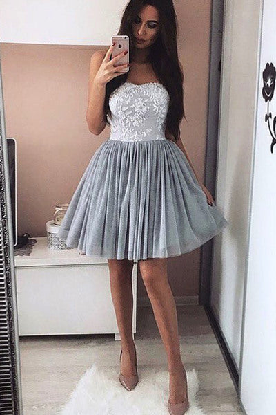 Strapless Sweetheart A Line Bryanna Homecoming Dresses Appliques Tulle Pleated Grey Short