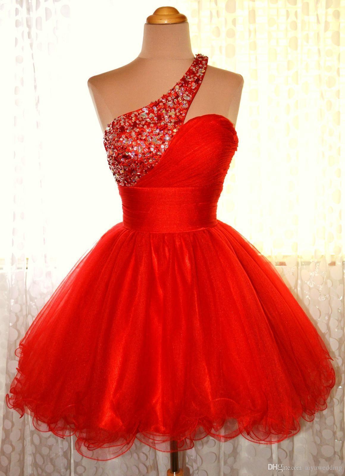 Homecoming Dresses Anabella A Line One Shoulder Red Sleeveless Organza Pleated Rhinestone