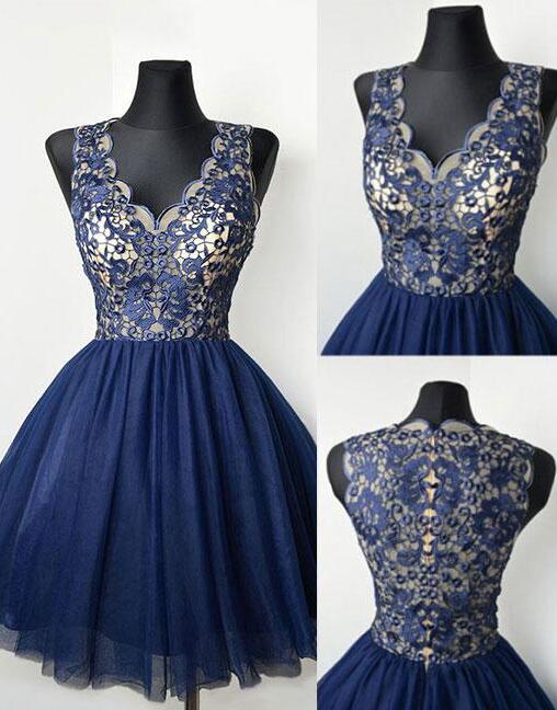 V Tricia Homecoming Dresses A Line Neck Sleeveless Appliques Tulle Pleated Navy Blue