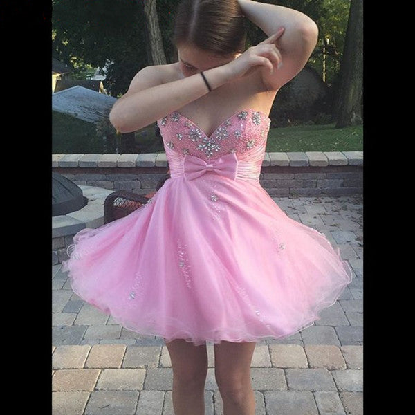 Organza Strapless Sweetheart Rhinestone Bowknot Homecoming Dresses Dayami Pink Backless Short