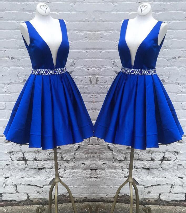 Homecoming Dresses A Line Amiah Satin Royal Blue Deep V Neck Sleeveless Pleated Rhinestone