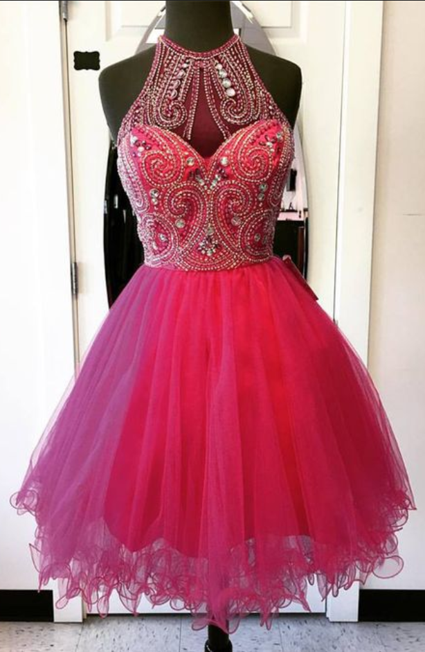 Emerson Homecoming Dresses A Line Sleeveless Fuchsia Halter Organza Beading Pleated Rhinestone