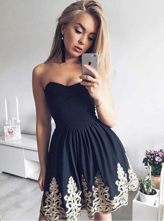 Strapless Appliques Pleated Backless Selina Homecoming Dresses A Line Satin Sexy Sweetheart Black