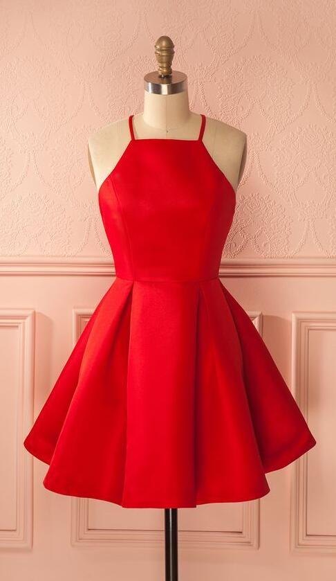 Sleeveless Red Halter Spaghetti Straps Frances A Line Satin Homecoming Dresses Pleated Short