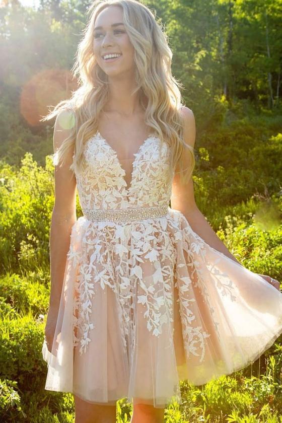 Spaghetti Straps V Neck Appliques Tulle Lace Penelope Homecoming Dresses Ivory A Line Beading Mini