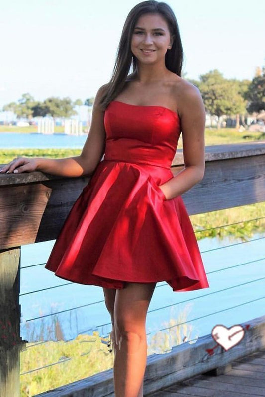 Strapless Sweetheart Evangeline A Line Homecoming Dresses Satin Pleated Sexy Short Simple