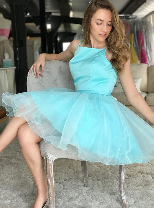 Spaghetti Straps Pleated Organza Blue Linda Homecoming Dresses A Line Knee Length