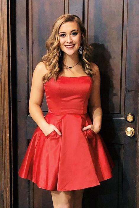 Strapless Homecoming Dresses Meg Satin A Line Red Pleated Pockets Short Elegant Sexy