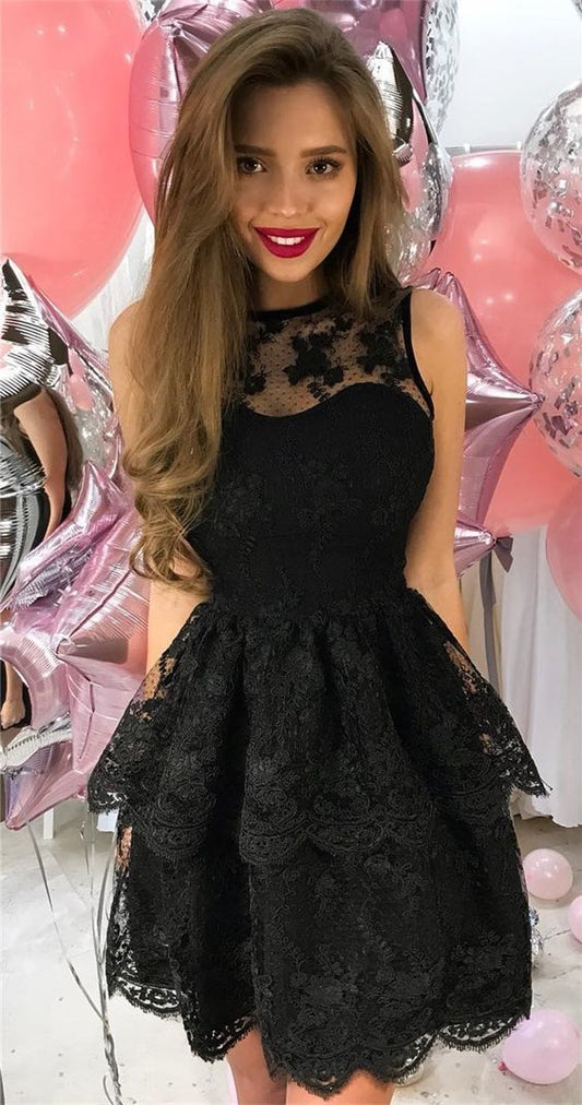 Sheer Halter Sleeveless Tiered Black Flowers Jaylah A Line Homecoming Dresses Lace Short