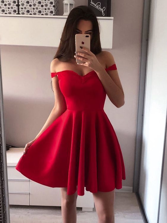 Red Homecoming Dresses Rachael A Line Satin Off The Shoulder Sweetheart Pleated Short