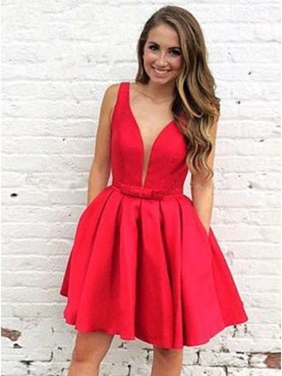 Sleeveless Red Pleated Satin Homecoming Dresses Miya A Line Deep V Neck Short Simple Sexy