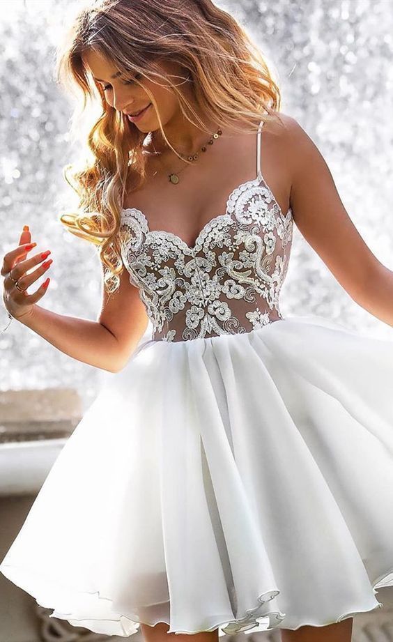 Spaghetti Straps White V Lace A Line Chiffon Sibyl Homecoming Dresses Neck Appliques Short