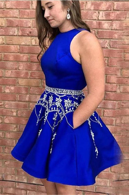 Halter Sleeveless Beading A Line Royal Blue Homecoming Dresses Satin Eliza Short