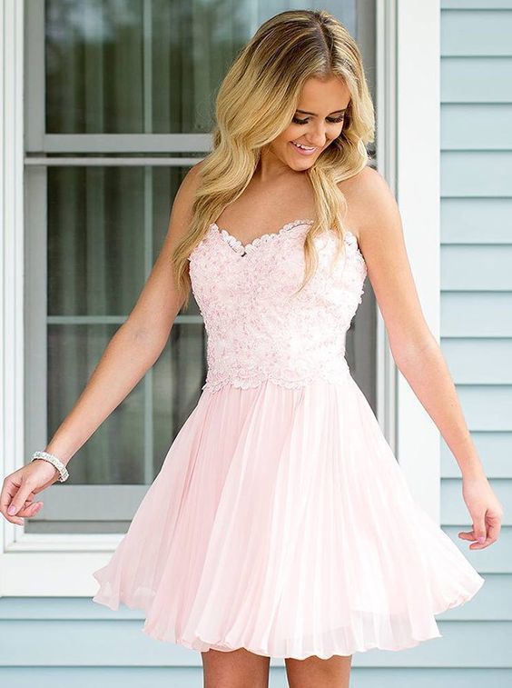 Strapless Sweetheart Pleated Appliques Blushing A Line Pink Chiffon Ashlynn Homecoming Dresses Short