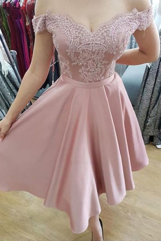 Dusty Rose Off The Shoulder A Line Homecoming Dresses Lace Satin Louisa Pleated Short