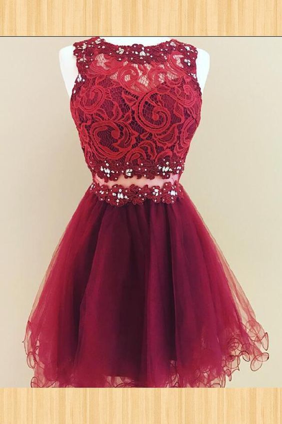 Homecoming Dresses Kristina Lace A Line Short Sleeveless Jewel Flowers Organza Burgundy