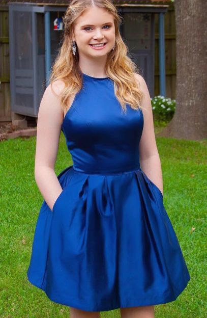 Royal Blue Scarlett Homecoming Dresses Satin A Line Halter Sleeveless Pockets Short Pleated