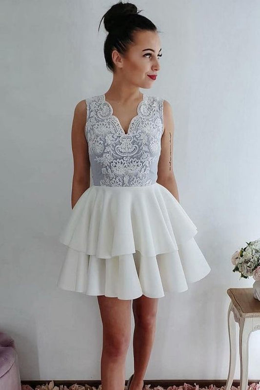 Homecoming Dresses Satin Lace Ivory Kylie Ball Gown Tiered V Neck Sleeveless Flowers Short