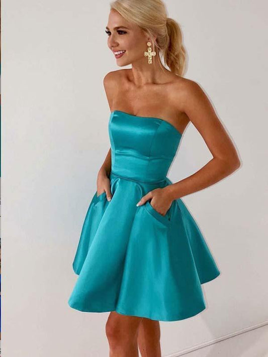 Teal Strapless A Line Homecoming Dresses Ansley Satin Short Pleated Backless Pockets