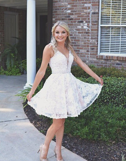 Sleeveless Deep Makenna Homecoming Dresses Lace A Line V Neck Backless Pleated Sheer