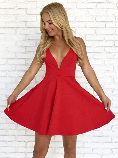 Red Pleated Backless Straps Deep V Neck Satin Yuliana Homecoming Dresses A Line Short Sexy