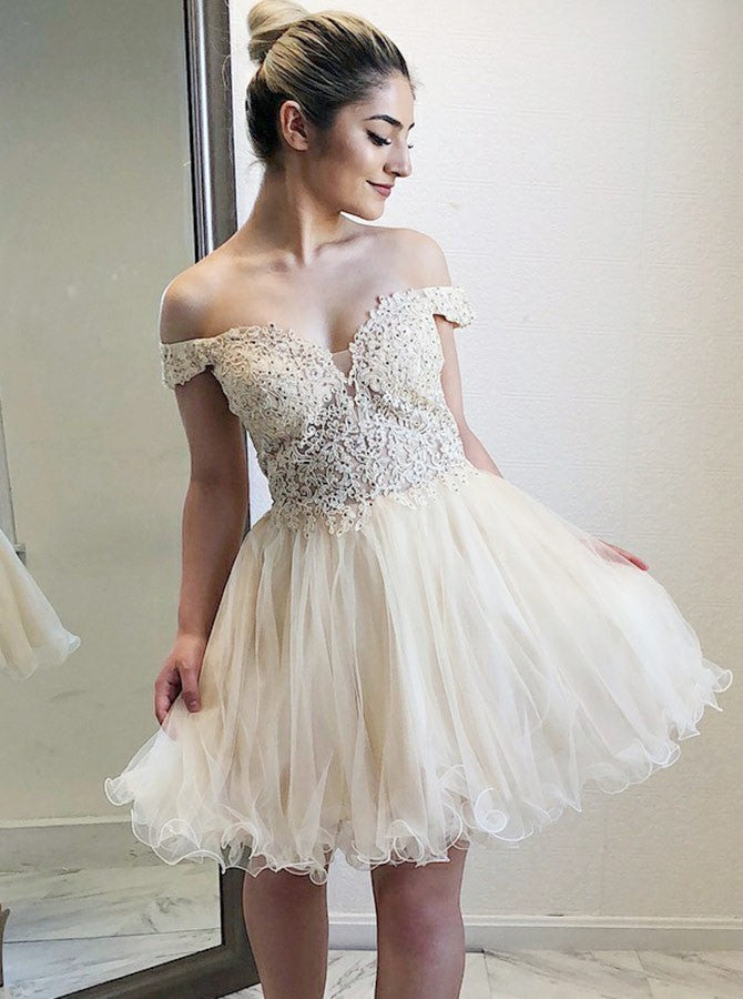 Off The A Line Lace Angeline Homecoming Dresses Ivory Shoulder Appliques Organza Pleated V Neck