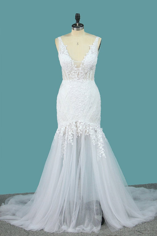 2024 Spaghetti Straps Tulle Mermaid Wedding Dresses With Applique Open Back