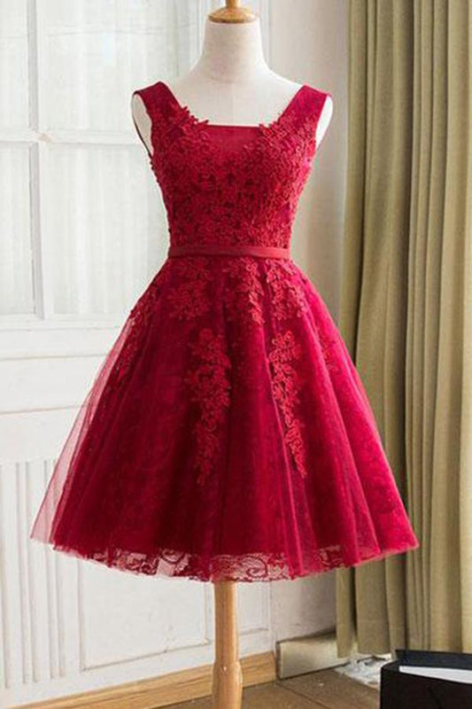 Cute A Line Red Sweetheart Lace Appliques Sleeveless Lace up Homecoming Dresses JS606