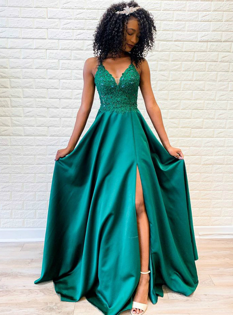 Spaghetti Straps Evening Dress Appliqued Bodice V Neck Long Prom SJSPP46R37D