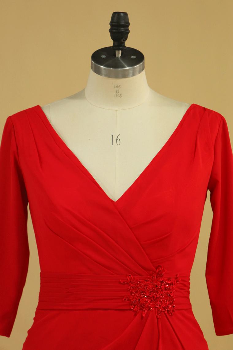 Red Plus Size Mother Of The Bride Dresses V Neck 3/4 Length Sleeve Spandex With Beads Mermaid