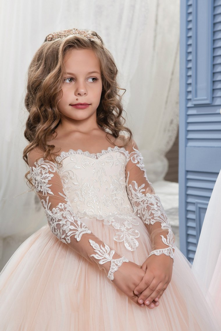 Scoop Flower Girl Dresses Ball Gown Long Sleeves Tulle With Aplique