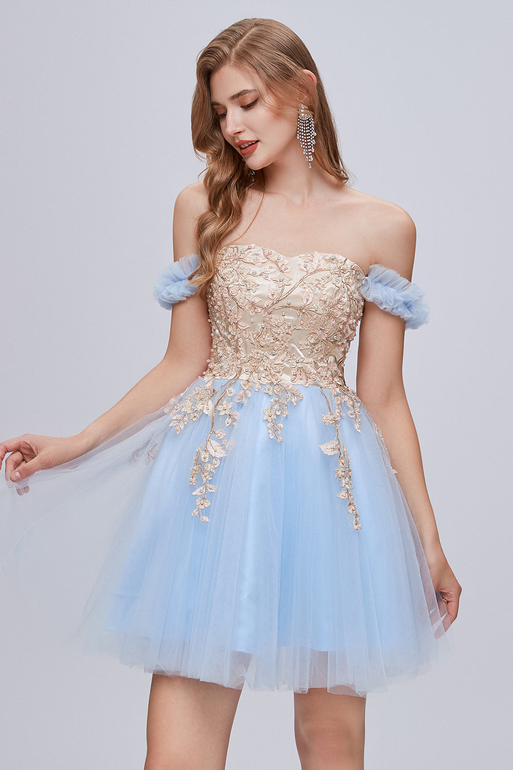 Chic Blue Off The Shoulder Lace Appliques Tulle Homecoming Dresses