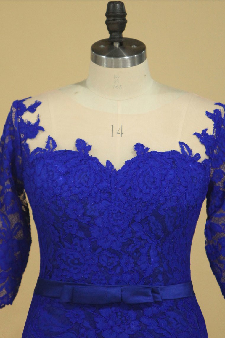 2024 Plus Size Scoop Sheath Half Sleeve With Sash Dark Royal Blue Lace Mother Of The Bride Dresses