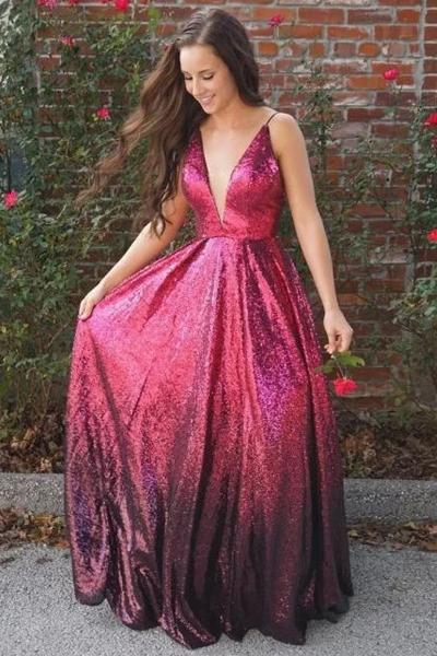 A-Line Spaghetti Straps Fuchsia V Neck Sequins Prom Dresses, Long Evening SJS20476