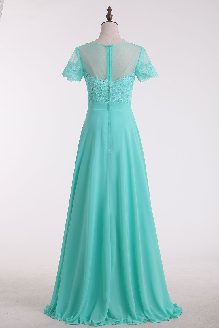 Bridesmaid Dresses Scoop Short Sleeve Chiffon & Lace Floor Length