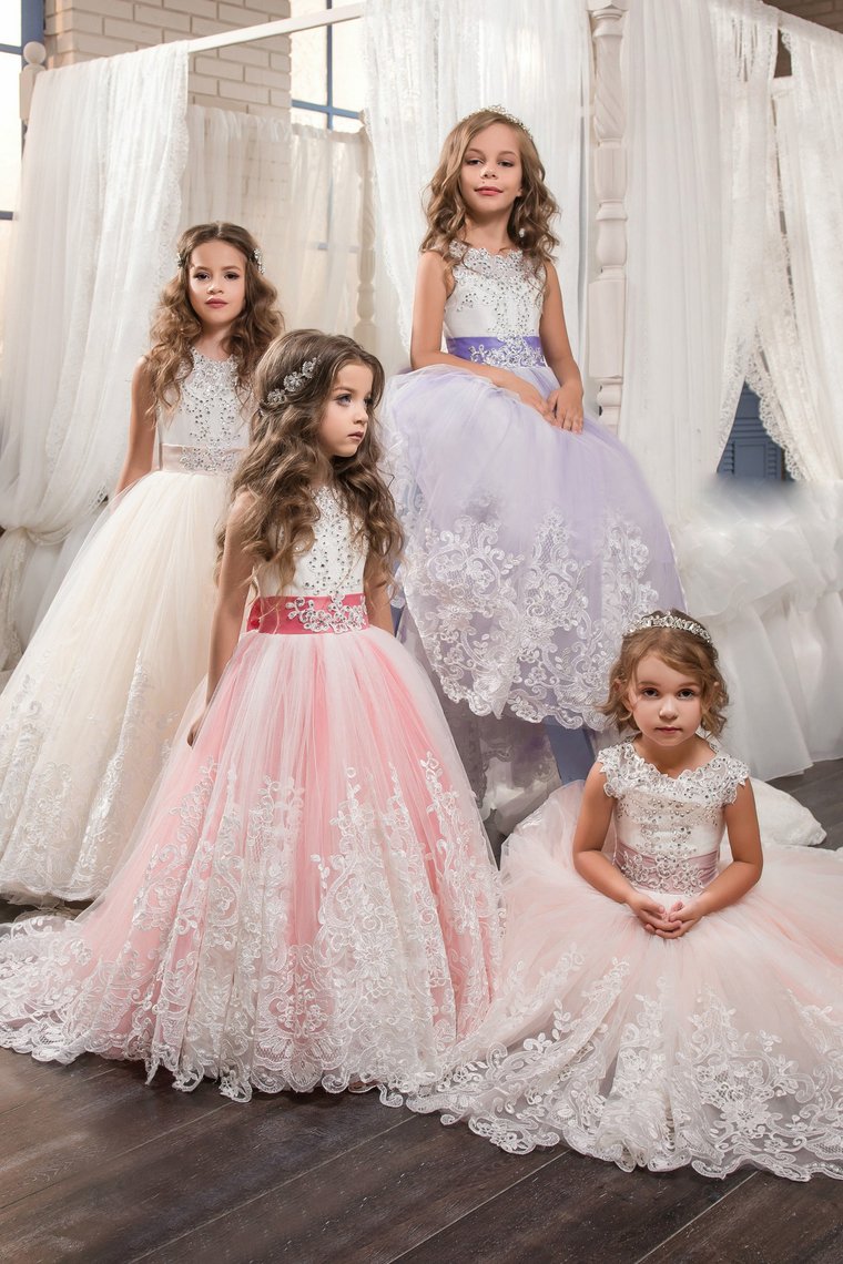 Flower Girl Dresses Scoop Ball Gown Tulle With Applique And Bow Knot