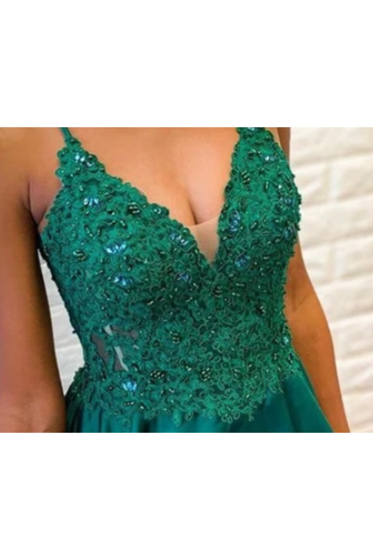 Spaghetti Straps Evening Dress Appliqued Bodice V Neck Long Prom SJSPP46R37D